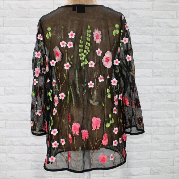 RAFAELLA Top Sheer Floral Embroidered Bohemian Transparent Black Pink Medium - Picture 4 of 12